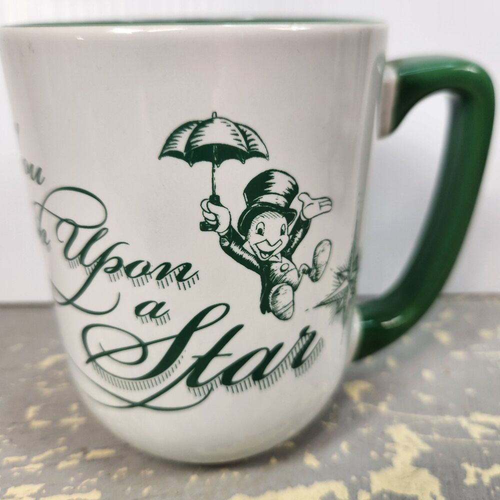 Disney Parks Mug Jiminy Cricket When You Wish Upon a Star 16 oz White Green Cup